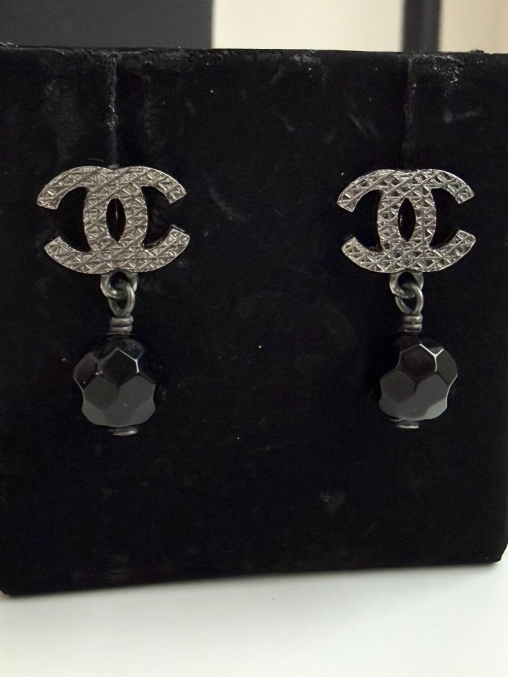 Silver Chanel CC Brass Beaded Swing Push Back Earrings
